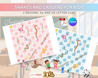 Snakes and Ladders Board Game Printable Family Kids Activities Back to School Activity Worksheets Fun Adult Game PLR Canva Editable Template