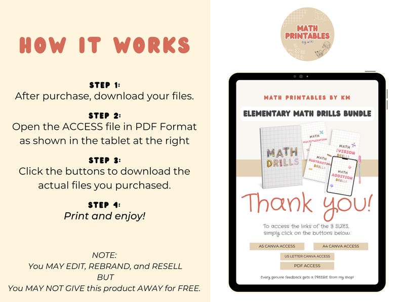 May include: A digital instructional graphic titled HOW IT WORKS with four steps for downloading math printables. A tablet displays the Elementary Math Drills Bundle with buttons for A5, A4, US Letter Canva access, and PDF access, plus a Thank you note.