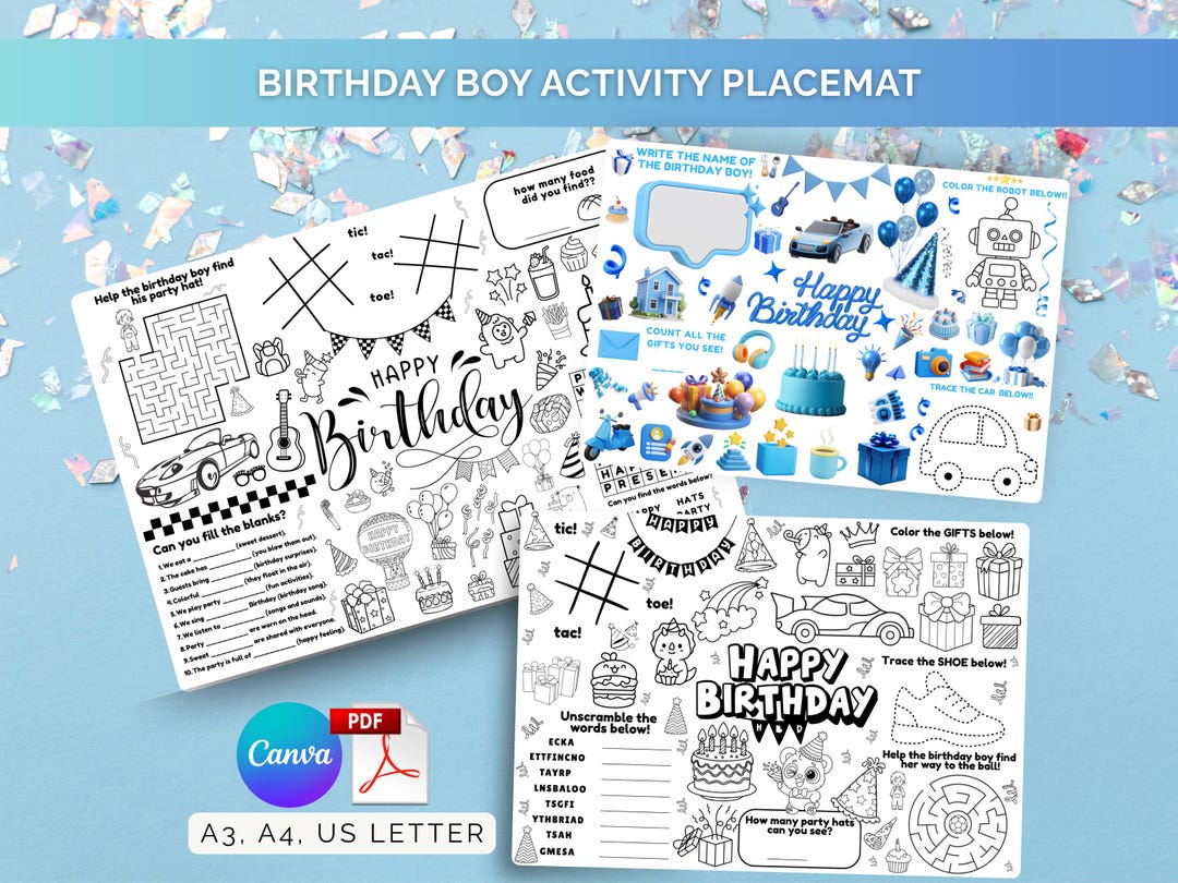Blue Birthday Activity Placemat Boys Kids Party Printable Coloring ...