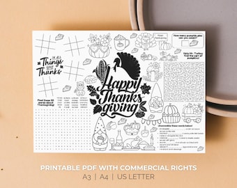 Thanksgiving Activity Placemat Indoor Table Autumn Fall Fair Game Cozy Coloring Page Fun Fast Think Quiz Elementary Worksheet Scramble Word