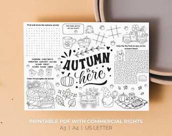 Printable Fall Kids Activity Placemat Autumn Word Searches Mazes Acorn Counting Games Tic Tac Toe Pumpkin Pie Coloring Page Thanksgiving PDF