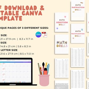 May include: A digital math drill template set featuring 53 pages in A4, A5, and US Letter sizes. The set includes addition, subtraction, multiplication, and division practice sheets with grid backgrounds, displayed on a laptop screen and as printed pages.