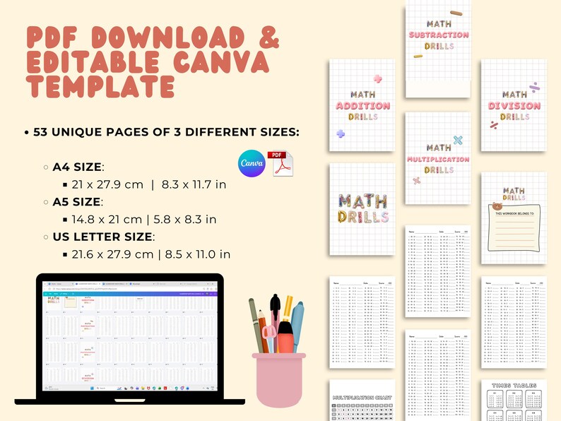 May include: A digital math drill template set featuring 53 pages in A4, A5, and US Letter sizes. The set includes addition, subtraction, multiplication, and division practice sheets with grid backgrounds, displayed on a laptop screen and as printed pages.