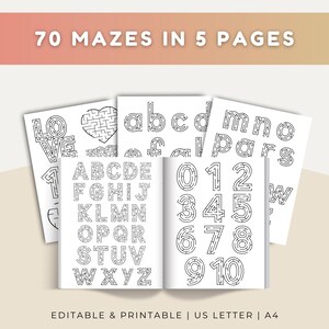 Peut inclure: Un ensemble de cinq pages imprimables contenant 70 labyrinthes. Les pages présentent des illustrations en noir et blanc de l'alphabet en majuscules et minuscules, des chiffres de 0 à 10 et le mot LOVE avec un cœur. Le texte indique 70 MAZES IN 5 PAGES.
