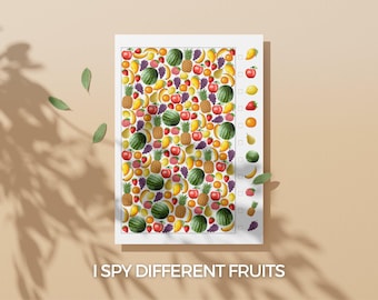 I Spy Fruits Nutrition Scavenger Hunt Classroom Activity Worksheet Printable Board Game for Kids Counting Game Search Find Hidden Object