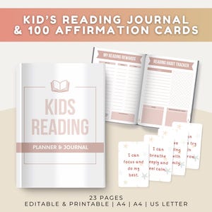 Może przedstawiać: Biały dziennik czytelnika zatytułowany KIDS READING PLANNER & JOURNAL z ikoną książki, otwarty planer z widocznymi stronami My Reading Rewards i Reading Habit Tracker oraz cztery małe karty z afirmacjami z nadrukowanym tekstem.
