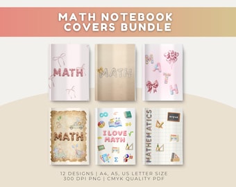 Mathematics Notebook Cover Bundle Printable PNG PDF School Subject Cute 3D Font Text Coquette Pink Element Math Style Grid Colorful Rainbow