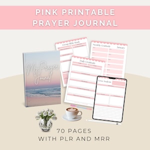 Diario de oración imprimible en rosa, hoja de trabajo para el registro diario de gratitud, hojas de actividades para iglesias cristianas, notas de estudio bíblico, diario digital PLR