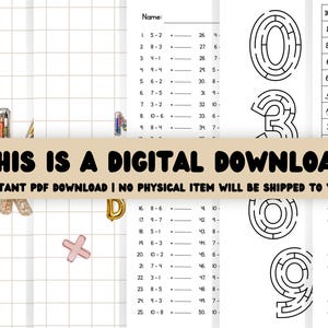 May include: A digital educational activity sheet set featuring black and white math subtraction problems, number-shaped mazes, a snake-themed hundred chart, and tic-tac-toe grids on a grid-lined background with colorful pencil graphics.