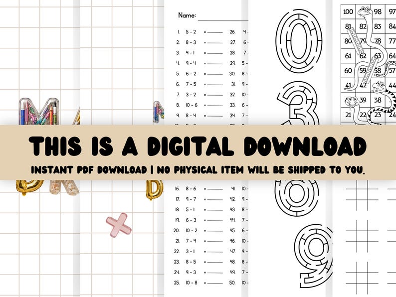 May include: A digital educational activity sheet set featuring black and white math subtraction problems, number-shaped mazes, a snake-themed hundred chart, and tic-tac-toe grids on a grid-lined background with colorful pencil graphics.