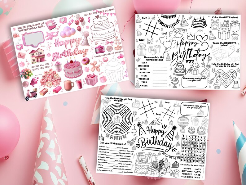 Pink Birthday Activity Placemat Girls Kids Party Printable Coloring ...