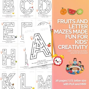 Puede incluir: Un conjunto de actividades educativas coloridas para niños con laberintos de frutas y letras. La imagen incluye laberintos para las letras A, B, C, E, H, K, L y M, junto con ilustraciones de frutas. El texto dice "Fruits and Letter Mazes Made Fun for Kids' Creativity".
