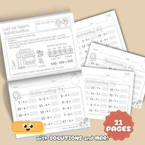 May include: A collection of black and white subtraction worksheets with the text "Let us learn Subtraction." The worksheets include examples, problems, and the text "21 PAGES." A cartoon bakery and a smiling rectangle are also visible.