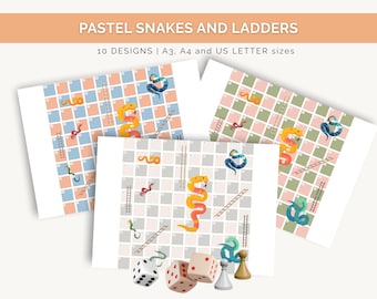 Snakes and Ladders Printable Board Games Quest Adventure Pastel Color Theme Kid Adult Table Activity Canva Editable PLR Kids Family Fun Game