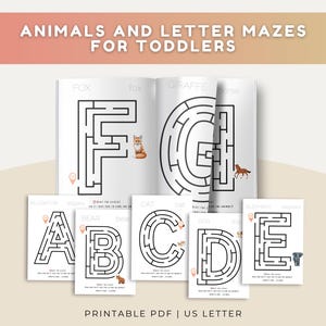 Könnte beinhalten: Eine Sammlung von druckbaren Arbeitsblättern mit dem Titel Animals and Letter Mazes for Toddlers. Die Seiten zeigen schwarz-weiße buchstabenförmige Labyrinthe von A bis G, jeweils mit einer kleinen Tierillustration und dem Text Printable PDF US Letter.