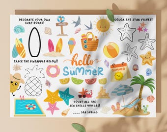 Beach Themed Summer Activity Mat Printable Kids Preschool Worksheets Elementary Fine Motor Skills Busy Book Pages MRR Digital Download PDF
