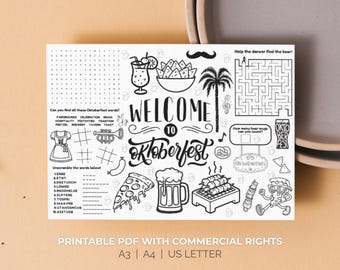 Oktoberfest Party Table Mat Printable Paper Placemat Reception Desk Ice Breaker Game October Feast Bavarian German Holiday Family Kid Game