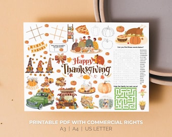 Autumn Fall Party Thanksgiving Printable Activity Table Math Watercolor Tic Tac Toe Word Search Maze I Spy Pumpkin Turkey Festival MRR PDF