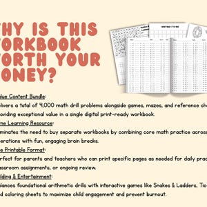 May include: A digital math workbook featuring 4,000 arithmetic problems, games, mazes, and reference charts. The text reads: WHY IS THIS WORKBOOK WORTH YOUR MONEY? High-Value Content Bundle, All-in-One Learning Resource, Reusable Printable Format.