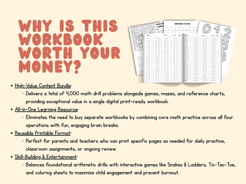May include: A digital math workbook featuring 4,000 arithmetic problems, games, mazes, and reference charts. The text reads: WHY IS THIS WORKBOOK WORTH YOUR MONEY? High-Value Content Bundle, All-in-One Learning Resource, Reusable Printable Format.