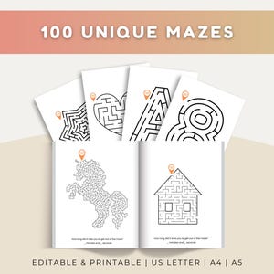 Op de afbeelding: Een verzameling printbare activiteitenpagina's met 100 unieke doolhoven. De set bevat zwart-wit lijntekeningen zoals een eenhoorn, een huis, een hart en geometrische vormen, elk gemarkeerd met een oranje locatie-pinpictogram.