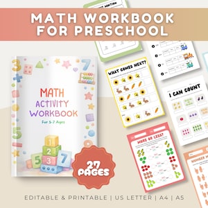 May include: A math activity workbook for 5-7 ages with a cover featuring colourful blocks and numbers. The set includes multiple printable worksheets with exercises like counting, telling time, number matching, and pattern sequences, totalling 27 pages.