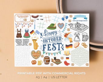 Oktoberfest Beer Party Reception Mat Printable PDF Placemat Desk Ice Breaker Maze Counting Brain Game October Feast Dindrl Dress Boots Cake