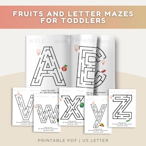 Peut inclure: Un ensemble de pages d'activités imprimables intitulées Fruits and Letter Mazes for Toddlers. Les pages présentent de grands labyrinthes en forme de lettres en noir et blanc, dont A, B, C, V, W, X, Y et Z, accompagnés d'illustrations de fruits.