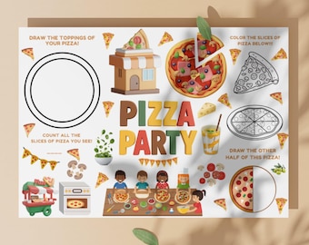 Pizza Party Activity Placemat Printable Board Games for Toddler Kids Counting Game Drawing Coloring Educational Worksheet Preschool Learning