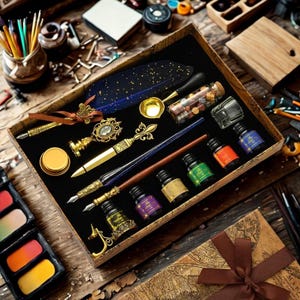 Könnte beinhalten: Ein Vintage-Kalligraphie-Set in einer dekorativen Box. Das Set enthält verzierte Stifte, Tintenflaschen in verschiedenen Farben, eine Federkiel und ein Wachssiegel-Set. Die Artikel sind auf einer schwarzen Samtoberfläche in einer Holzkiste angeordnet.