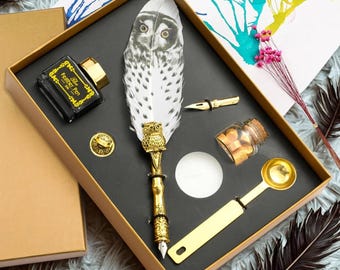 Owl Feather Pen, Feather Ink Pen Set, Fountain Pen Box Set with Calligraphy Feather Pen, Writing Pen, Signature Pen, Gift For Writer, Gifts