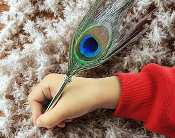 Set med påfågelfjäderpennor, Kulspetspenna med fjäder, Skrivpenna, Bröllopspenna, Gästbokspenna, Fjäderpenna, Pennset, Present till författare