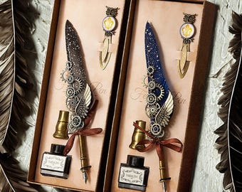 Vintage Feather Pen, Feather Dip Pen, Handmade Feather Quill Pen Set, Calligraphy Signature Pen, Guest Book Feather Pen, Gift For Writer.