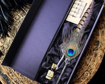 Feather Pen Set Peacock Fountain Pen Writing, Peacock Feather Pens Set, Ballpoint Feather Pen, Guest Book Pen, Pen Sets, Christmas Gifts