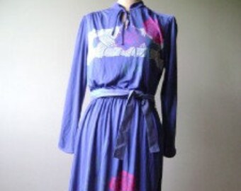 French Fashion -Vintage Bold Floral Border Print Secretary DRESS 1960s 70s M