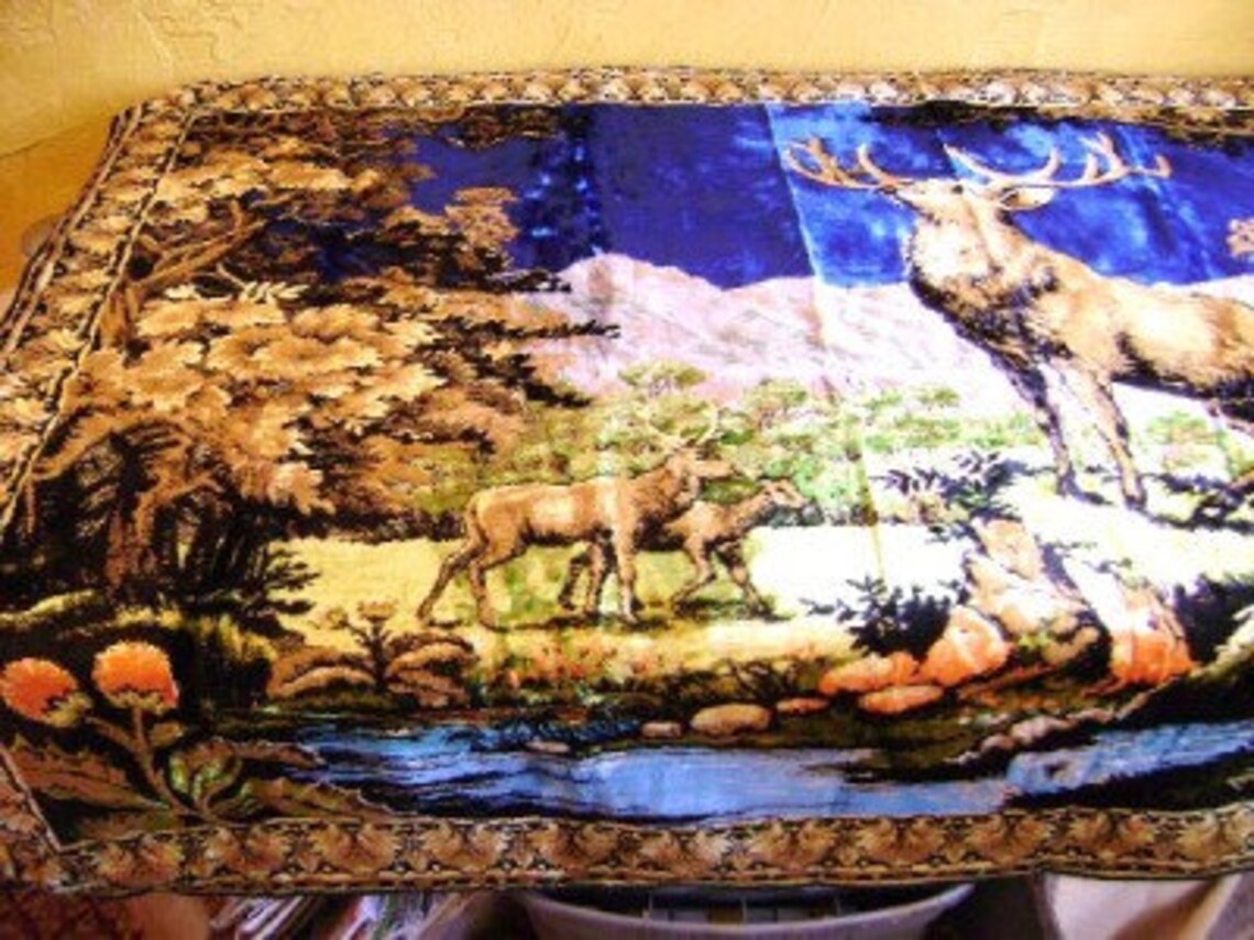 Vintage ITALY Velvet Tapestry Rug Deer Buck HUGE 4 Ft X 6ft Etsy