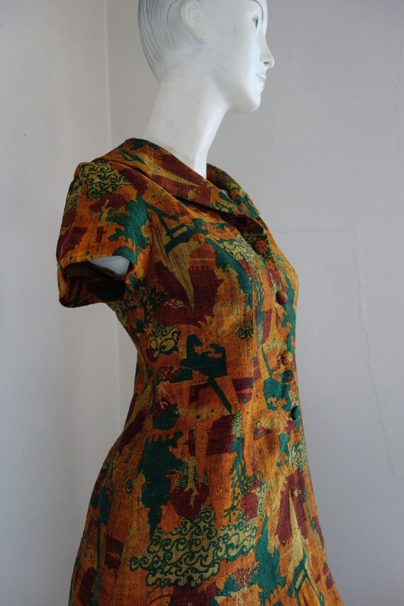 Vintage 1960s Mod BLOCK PRINTED LINEN Dress S - image 6