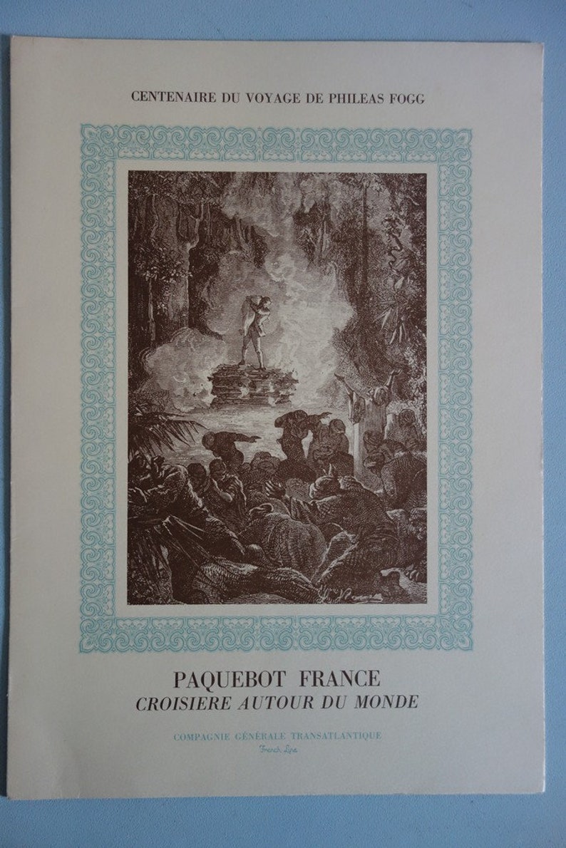 Vintage Paquebot France, Compagnie Generale Transatlantique, French Line, Around the World Cruise, 1972, grabado, Julio Verne, Menú #2 imagen 1