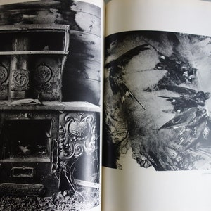 May include: Monochrome photograph featuring a detailed, antique cast iron stove. The stove, with its intricate patterns, is set against a backdrop of wooden panels. The image is from a book, with text visible on the right page.