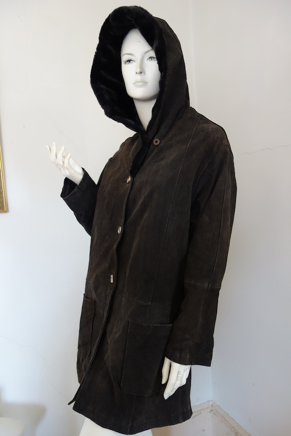 French Fashion - Suede LEATHER Hooded Coat Jacket… - image 4