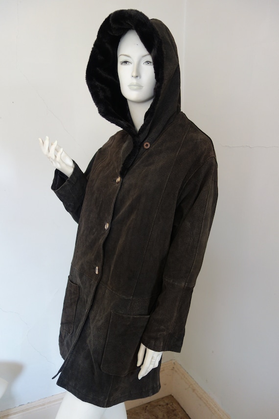 French Fashion - Suede LEATHER Hooded Coat Jacket… - image 1