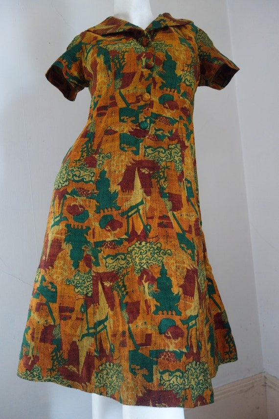 Vintage 1960s Mod BLOCK PRINTED LINEN Dress S - image 7