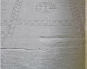 Unusual Vintage French Cotton Greek Key Motif Polka Dots Damask Square Tablecloth 55"