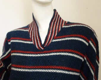 Vintage Mod 1960s 1970s REINA Made in Italy Striped Wool Dress M Navy Cream Muted Red