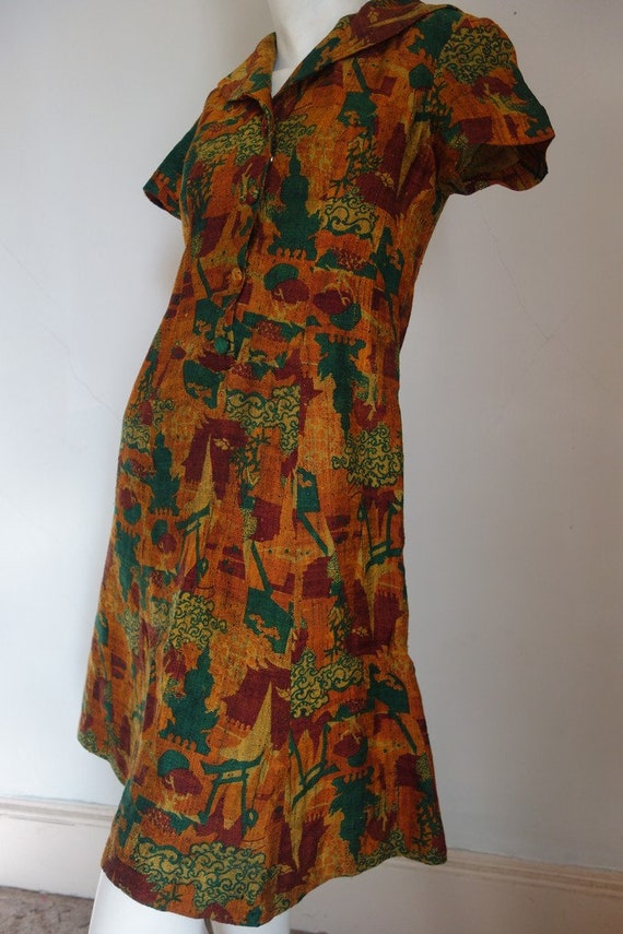 Vintage 1960s Mod BLOCK PRINTED LINEN Dress S - image 3