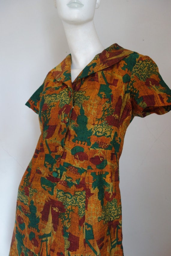 Vintage 1960s Mod BLOCK PRINTED LINEN Dress S - image 1