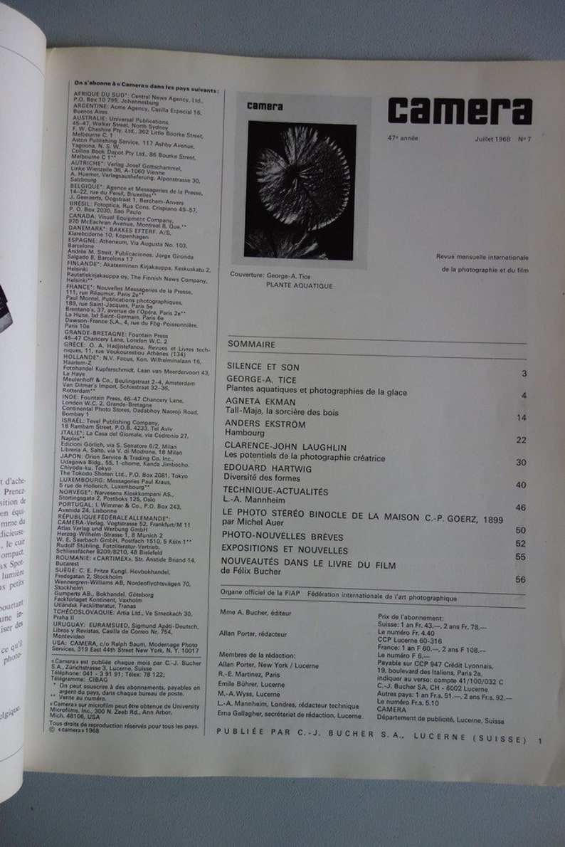 May include: A vintage magazine cover from July 1968, titled "camera," features a black and white image of a plant. The magazine is in French and includes a table of contents.