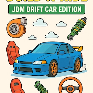 Puede incluir: Ilustración Build-A-Ride JDM Drift Car Edition con un coche azul con llantas naranjas, un turbocompresor, dos asientos de carreras, un volante y dos kits de suspensión roscada.