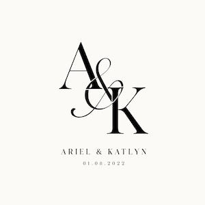 May include: Elegant black monogram with the letters "A" and "K" intertwined, with "&" in between. Below the monogram, the names "ARIEL & KATLYN" and the date "01.08.2022" are displayed in a serif font against a cream background. The design is simple and sophisticated.