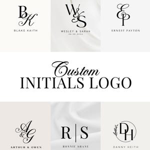May include: A collection of custom initials logos in black script on a white or cream background. The logos include initials such as BK, WS, EP, AG, RS, and DH, with names and dates. The text "Custom INITIALS LOGO" is also displayed.